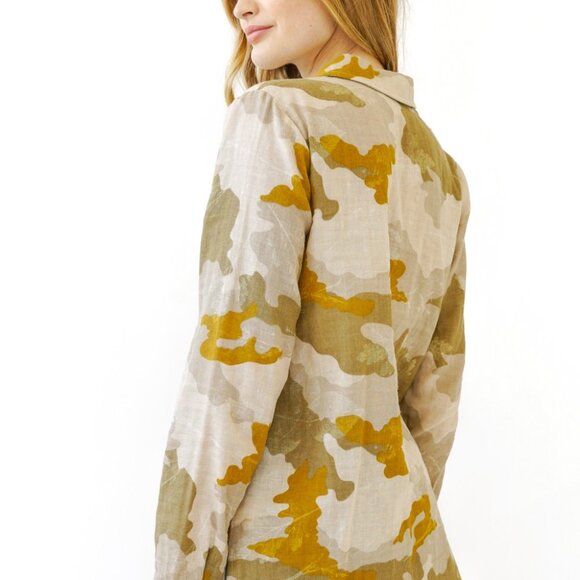 MYSTREE Camo Button Down Shirt, Neutral Olive Beige Lightweight Top, Oversized - Picture 5 of 6